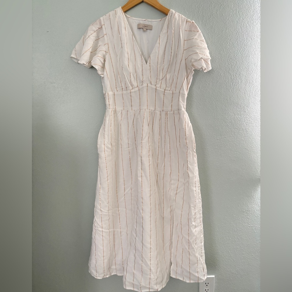 LOFT Cream Smocked Wrap Midi Dress